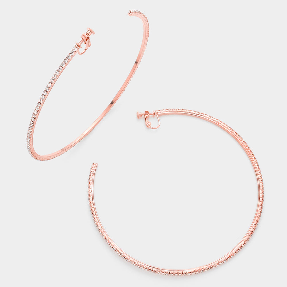 Madeline Love Clear, Rose Gold 4 inch Rhinestone Hoop Clip on Earrings