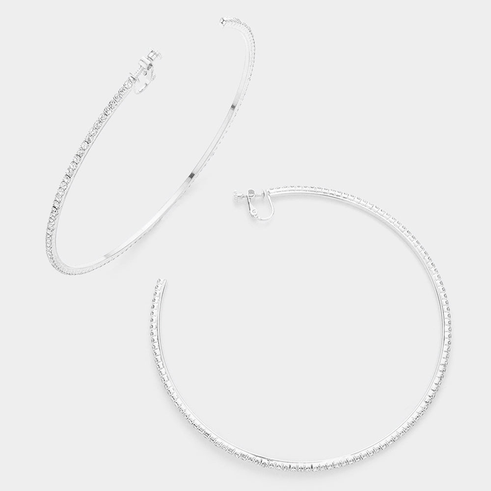 Madeline Love Silver 4 inch Rhinestone Hoop Clip on Earrings