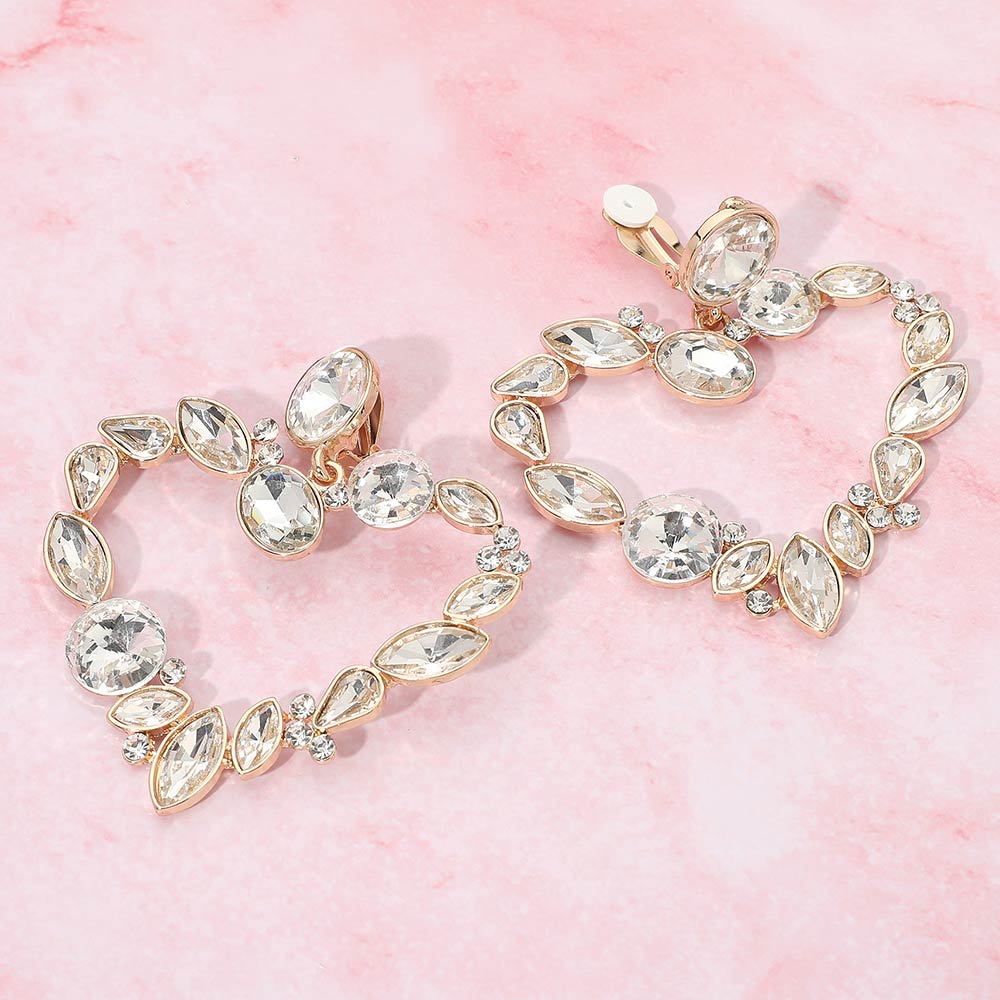 Madeline Love Clear, Gold Oval Marquise Teardrop Stone Cluster Open Heart Drop Evening Statement Earrings