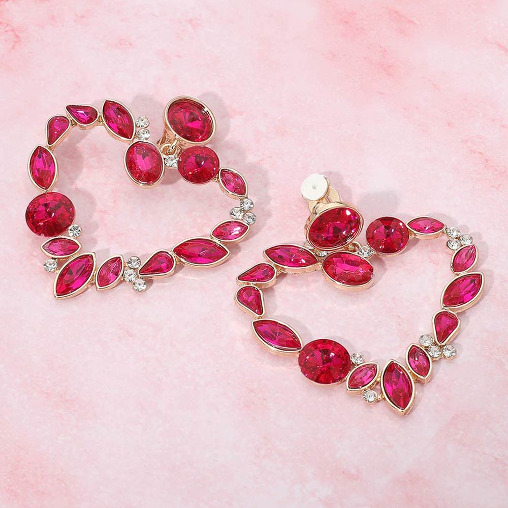 Madeline Love Fuchsia, Gold Oval Marquise Teardrop Stone Cluster Open Heart Drop Evening Statement Earrings