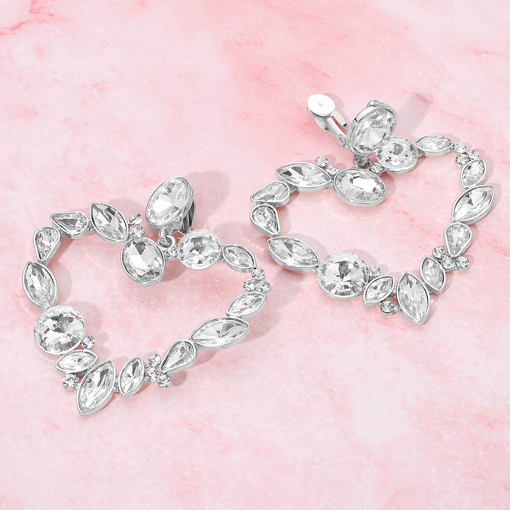 Madeline Love Clear, Rhodium Oval Marquise Teardrop Stone Cluster Open Heart Drop Evening Statement Earrings