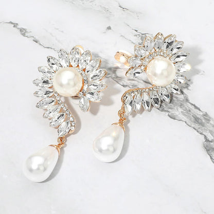 Madeline Love Cream, Gold Pearl Accent Marquise Stone Cluster Around Evening Clip On Earrings