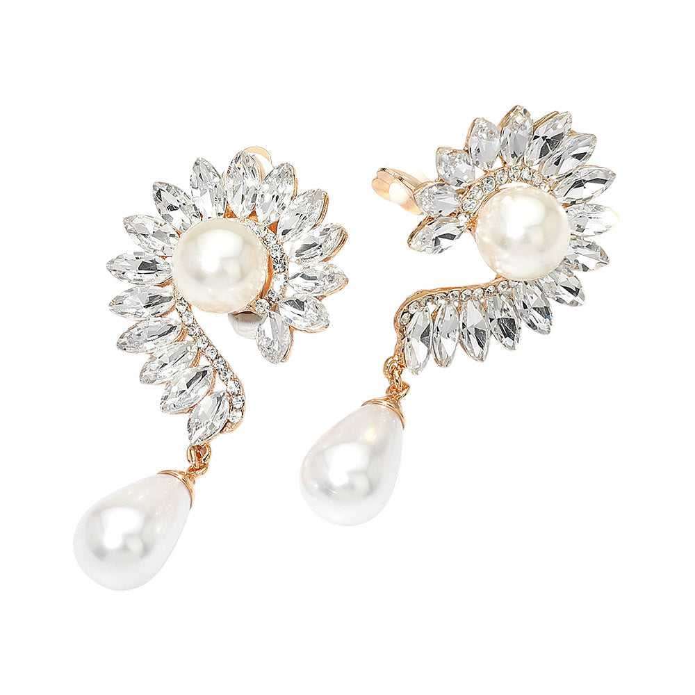 Madeline Love Cream, Gold Pearl Accent Marquise Stone Cluster Around Evening Clip On Earrings - desc