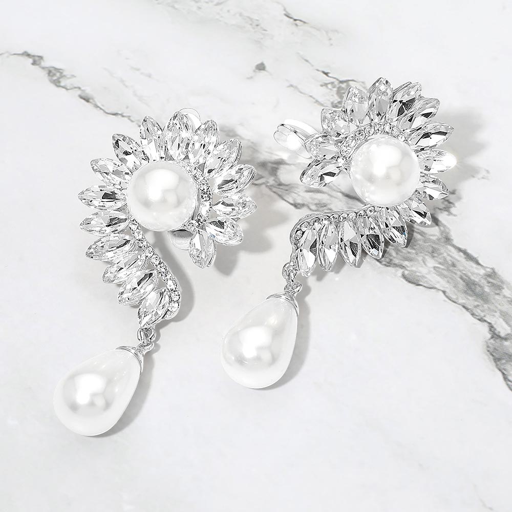 Madeline Love Rhodium, White Pearl Accent Marquise Stone Cluster Around Evening Clip On Earrings