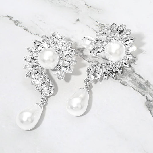 Madeline Love Rhodium, White Pearl Accent Marquise Stone Cluster Around Evening Clip On Earrings