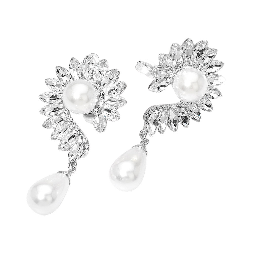 Madeline Love Rhodium, White Pearl Accent Marquise Stone Cluster Around Evening Clip On Earrings - desc