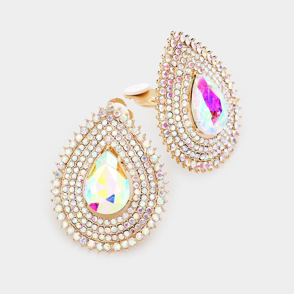 Madeline Love AB, Gold Teardrop Stone Center Evening Clip on Earrings