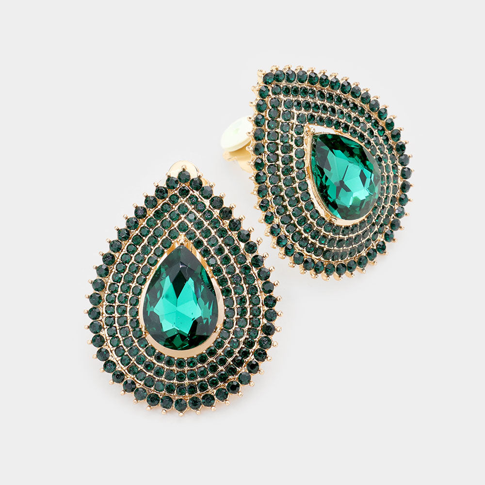 Madeline Love Green Teardrop Stone Center Evening Clip on Earrings