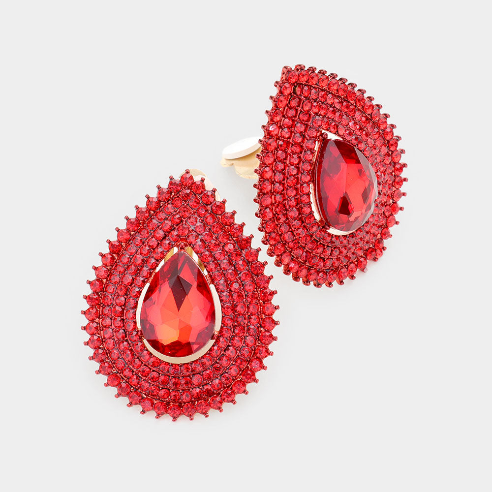 Madeline Love Red Teardrop Stone Center Evening Clip on Earrings