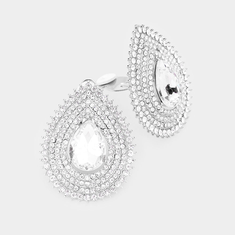 Madeline Love Rhodium Teardrop Stone Center Evening Clip on Earrings