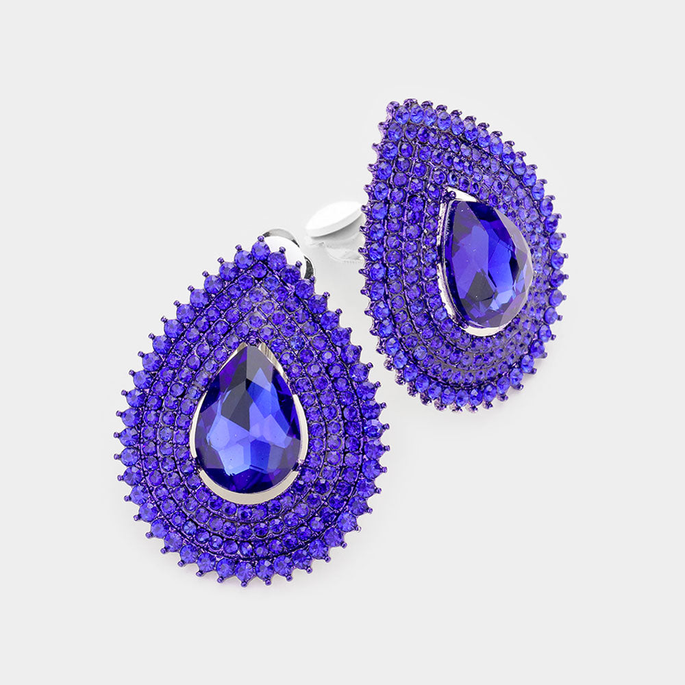 Madeline Love Royal Blue Teardrop Stone Center Evening Clip on Earrings
