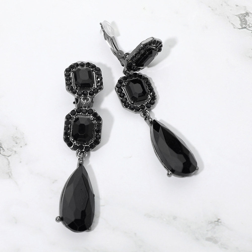 Madeline Love Black, Jet Black Square Halo Teardrop Stone Cluster Link Drop Evening Clip On Earrings