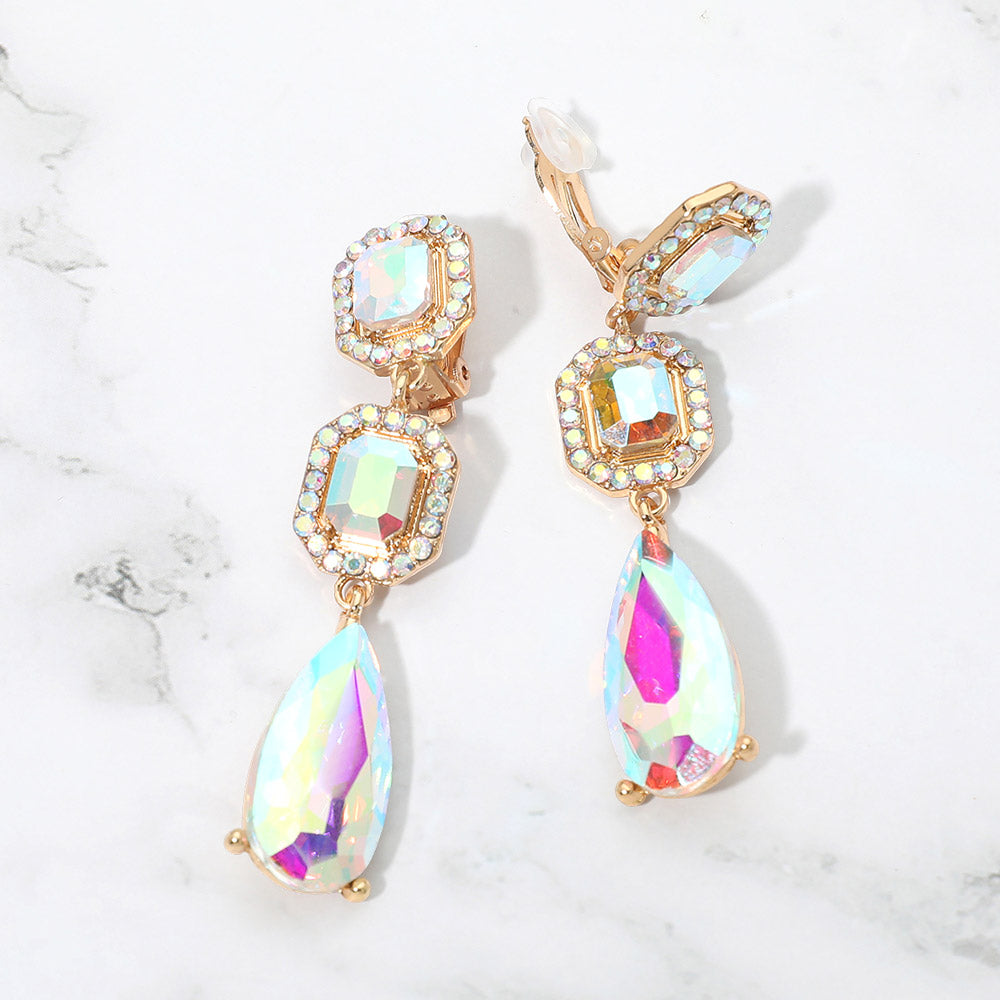 Madeline Love AB, Gold Square Halo Teardrop Stone Cluster Link Drop Evening Clip On Earrings