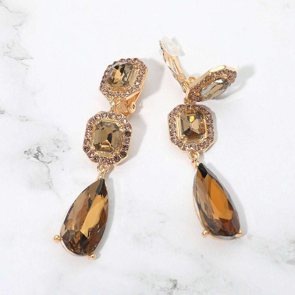 Madeline Love Copper, Gold Square Halo Teardrop Stone Cluster Link Drop Evening Clip On Earrings