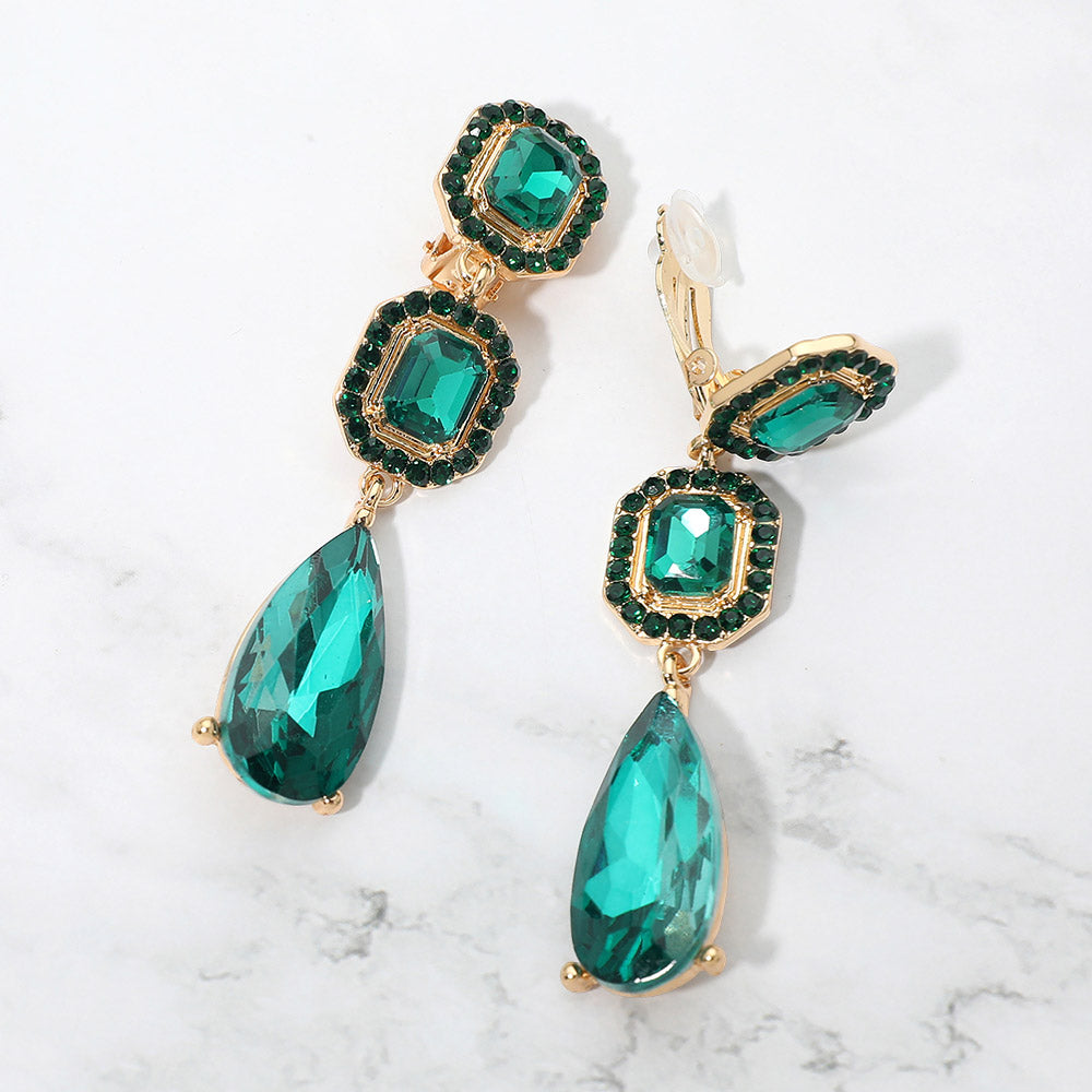 Madeline Love Gold, Green Square Halo Teardrop Stone Cluster Link Drop Evening Clip On Earrings