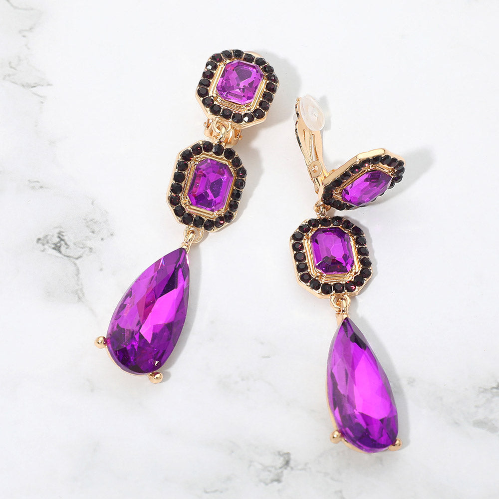 Madeline Love Gold, Purple Square Halo Teardrop Stone Cluster Link Drop Evening Clip On Earrings