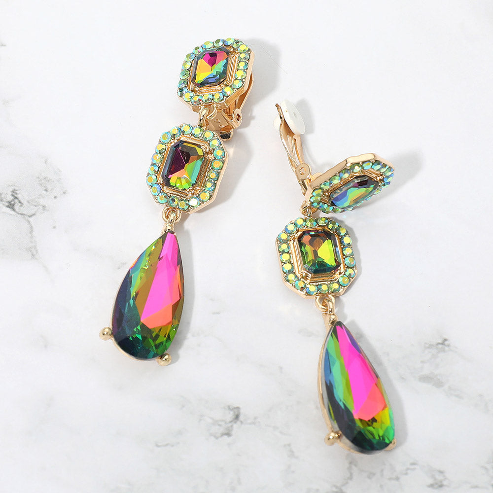 Madeline Love Gold, Vitrail Medium Square Halo Teardrop Stone Cluster Link Drop Evening Clip On Earrings