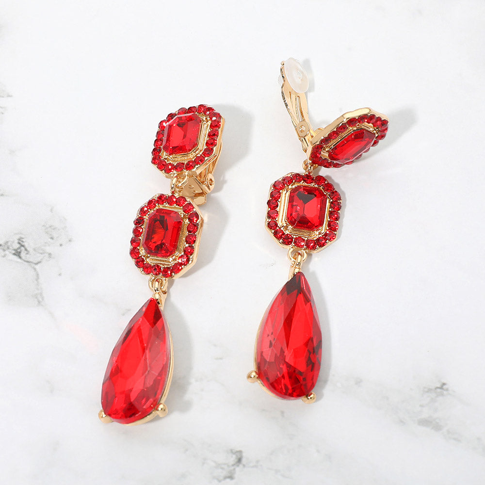 Madeline Love Gold, Red Square Halo Teardrop Stone Cluster Link Drop Evening Clip On Earrings