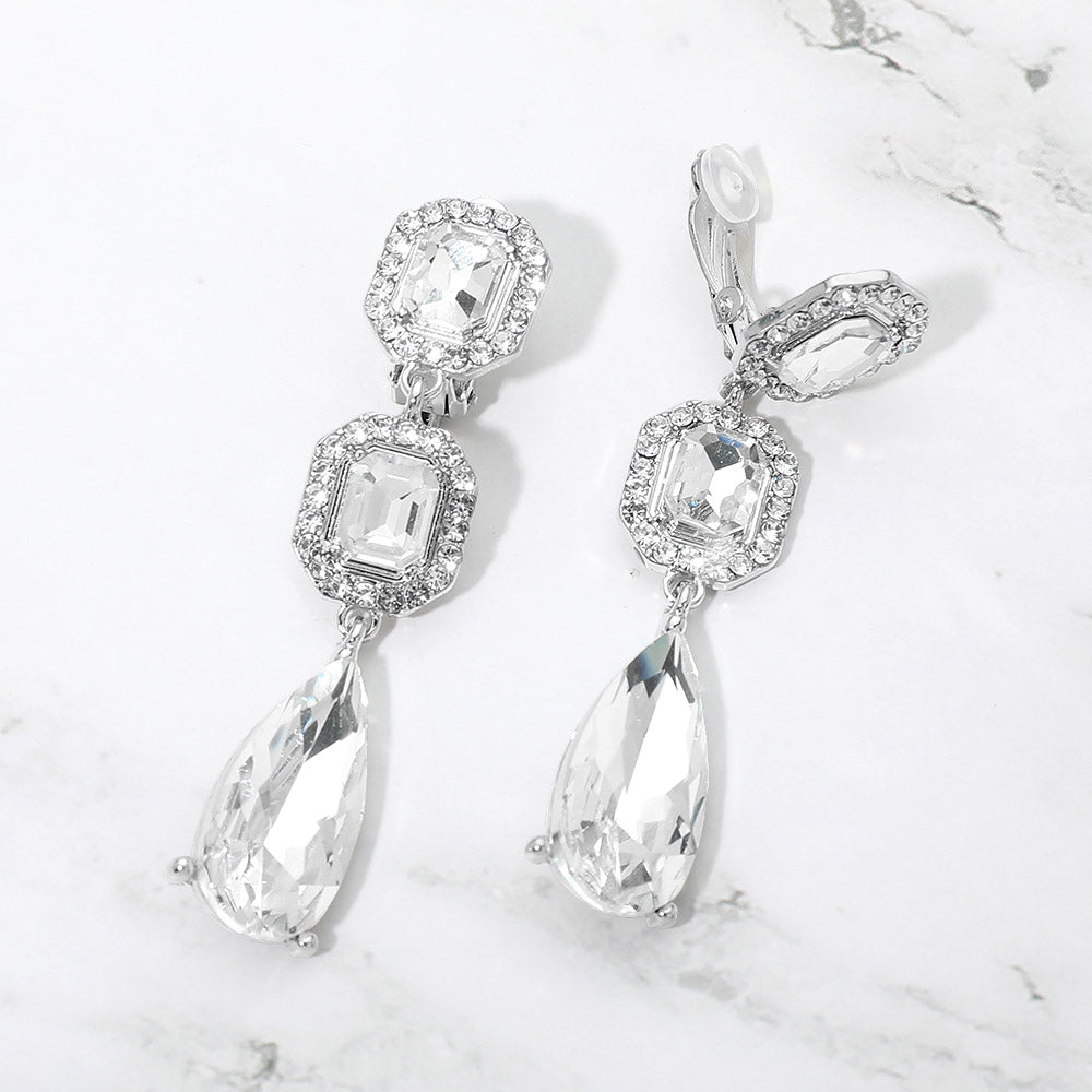 Madeline Love Clear, Rhodium Square Halo Teardrop Stone Cluster Link Drop Evening Clip On Earrings