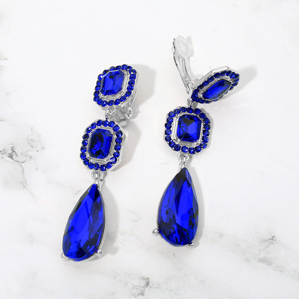 Madeline Love Rhodium, Royal Blue Square Halo Teardrop Stone Cluster Link Drop Evening Clip On Earrings