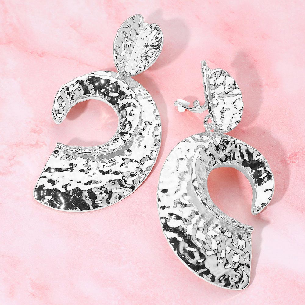 Madeline Love Rhodium Bold Hammered Abstract Metal Drop Statement Clip On Earrings