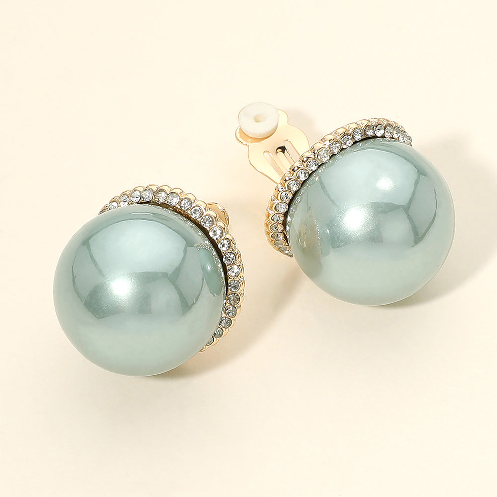 Madeline Love Gold, Green Oversized Rhinestone Halo Pearl Clip On Earrings