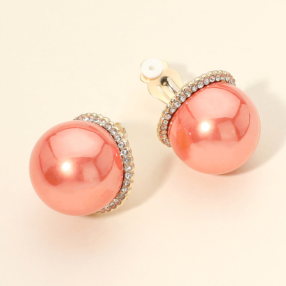 Madeline Love Gold, Orange Oversized Rhinestone Halo Pearl Clip On Earrings