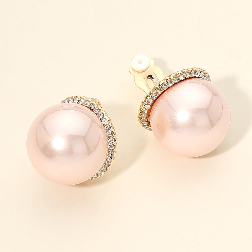 Madeline Love Gold, Rose Oversized Rhinestone Halo Pearl Clip On Earrings