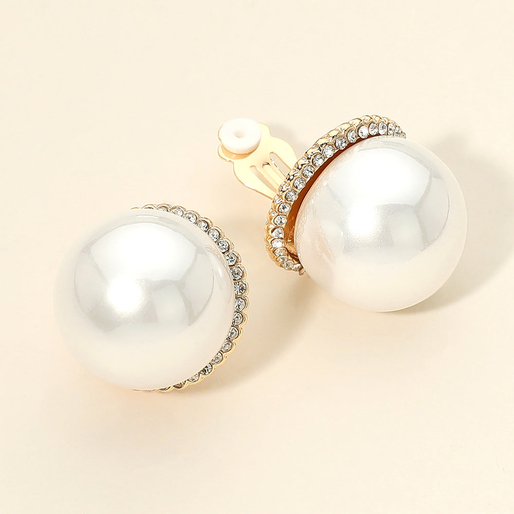 Madeline Love Gold, White Oversized Rhinestone Halo Pearl Clip On Earrings