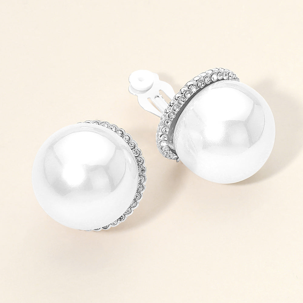 Madeline Love Rhodium, White Oversized Rhinestone Halo Pearl Clip On Earrings