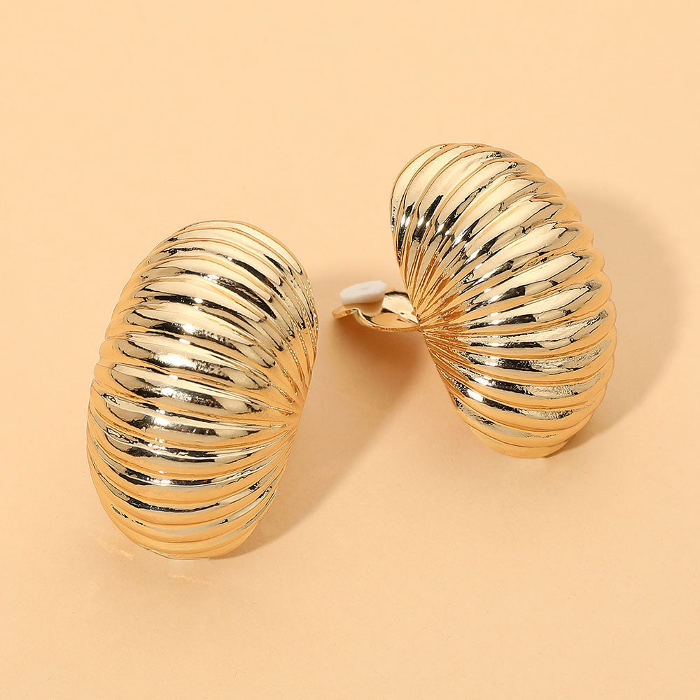Madeline Love Gold Bold Ribbed Metal Sculptural Dome Statement Clip On Earrings