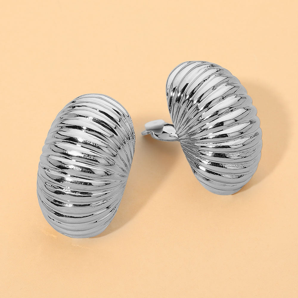 Madeline Love Rhodium Bold Ribbed Metal Sculptural Dome Statement Clip On Earrings