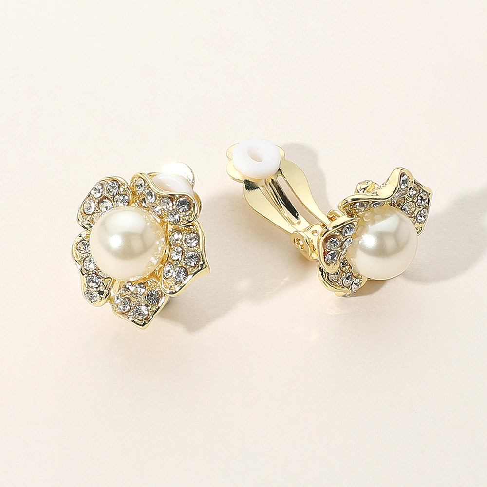 Gold Rhinestone Paved Flower Pearl Clip On Earrings