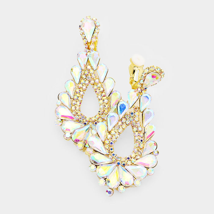 Madeline Love AB, Gold Crystal Rhinestone Teardrop Clip On Earrings