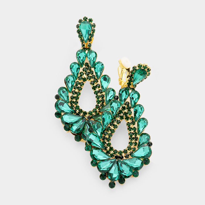 Madeline Love Emerald, Gold Crystal Rhinestone Teardrop Clip On Earrings