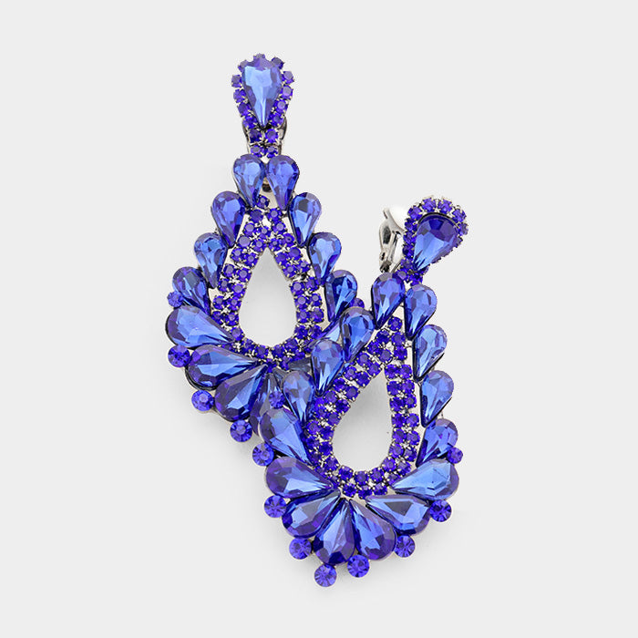 Madeline Love Gold, Royal Blue Crystal Rhinestone Teardrop Clip On Earrings