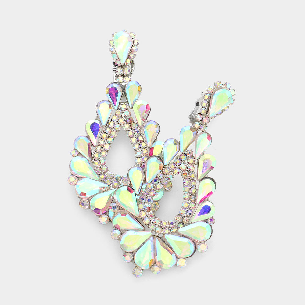 Madeline Love AB, Silver Crystal Rhinestone Teardrop Clip On Earrings