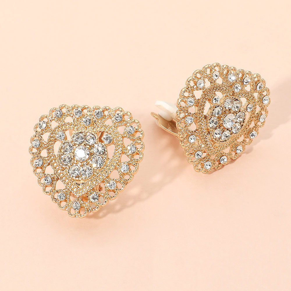 Madeline Love Clear, Gold Rhinestone Embellished Heart Clip On Earrings