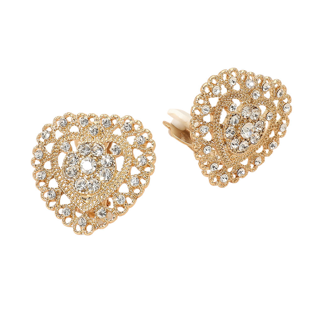 Madeline Love Clear, Gold Rhinestone Embellished Heart Clip On Earrings - desc