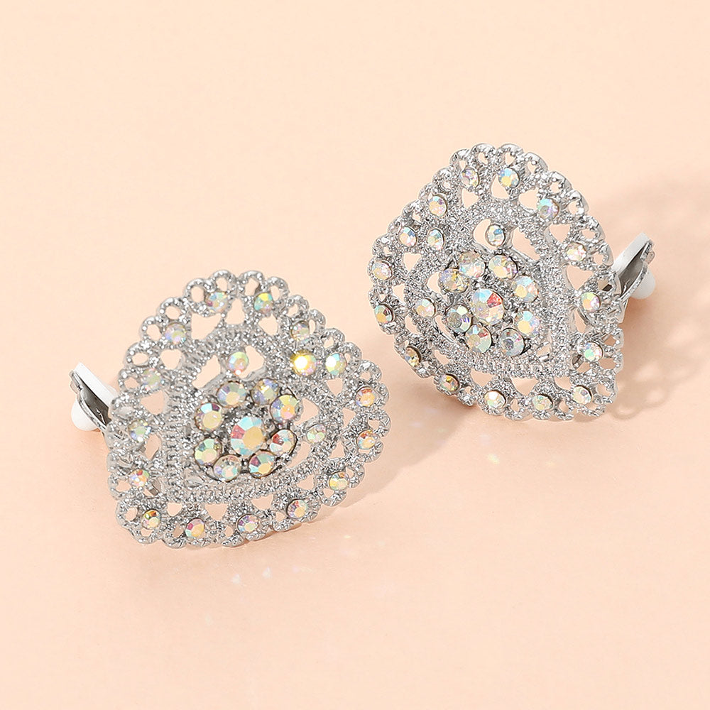 Madeline Love AB, Rhodium Rhinestone Embellished Heart Clip On Earrings