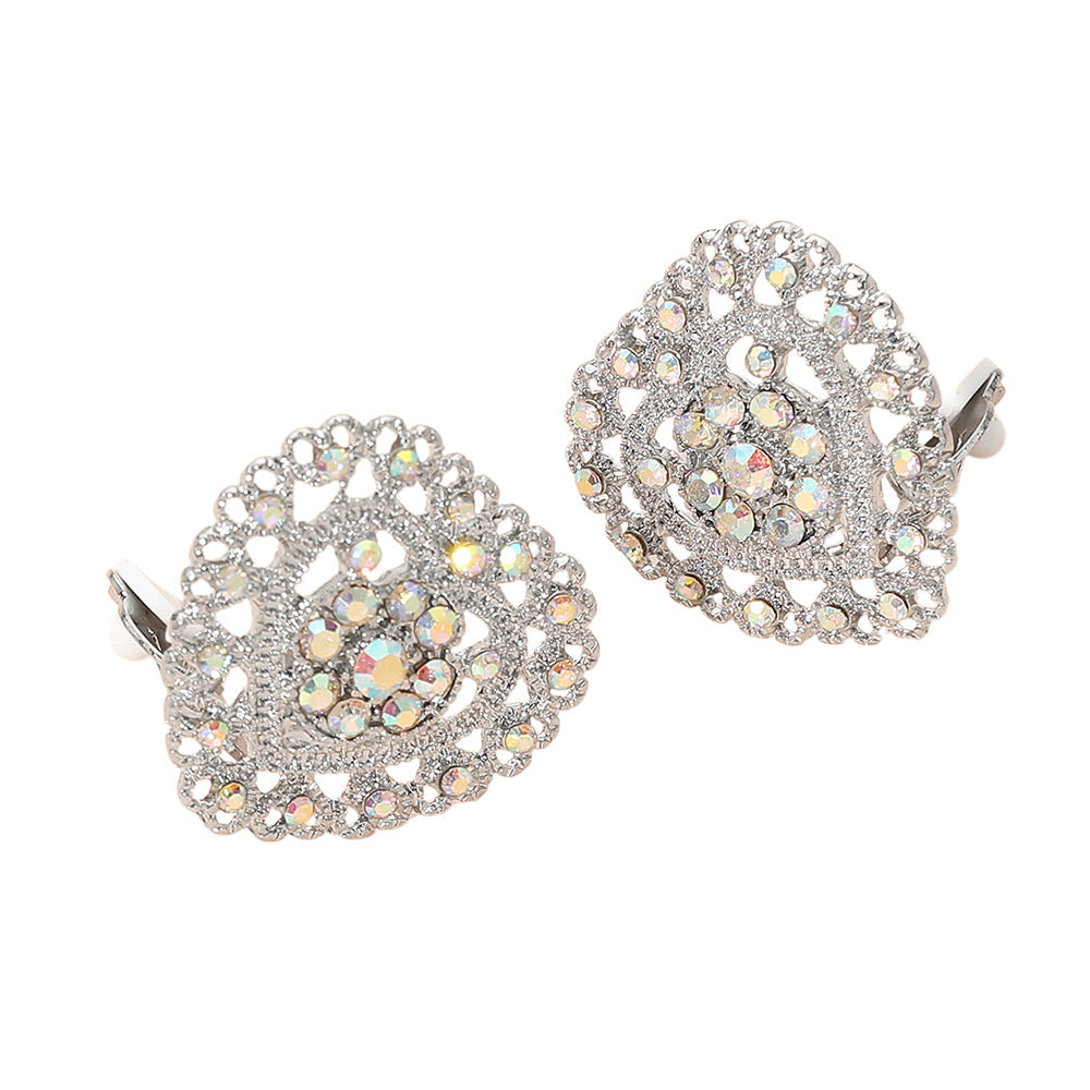 Madeline Love AB, Rhodium Rhinestone Embellished Heart Clip On Earrings - desc