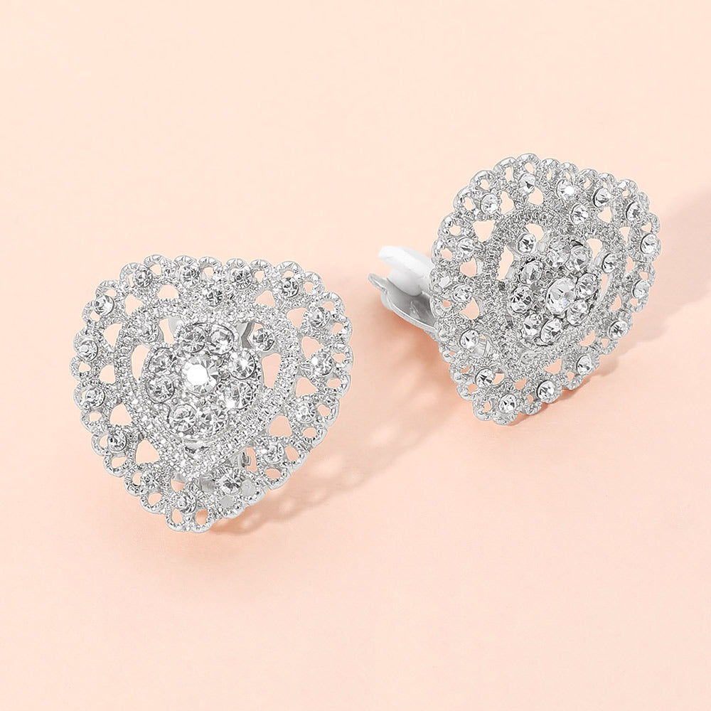 Madeline Love Clear, Rhodium Rhinestone Embellished Heart Clip On Earrings