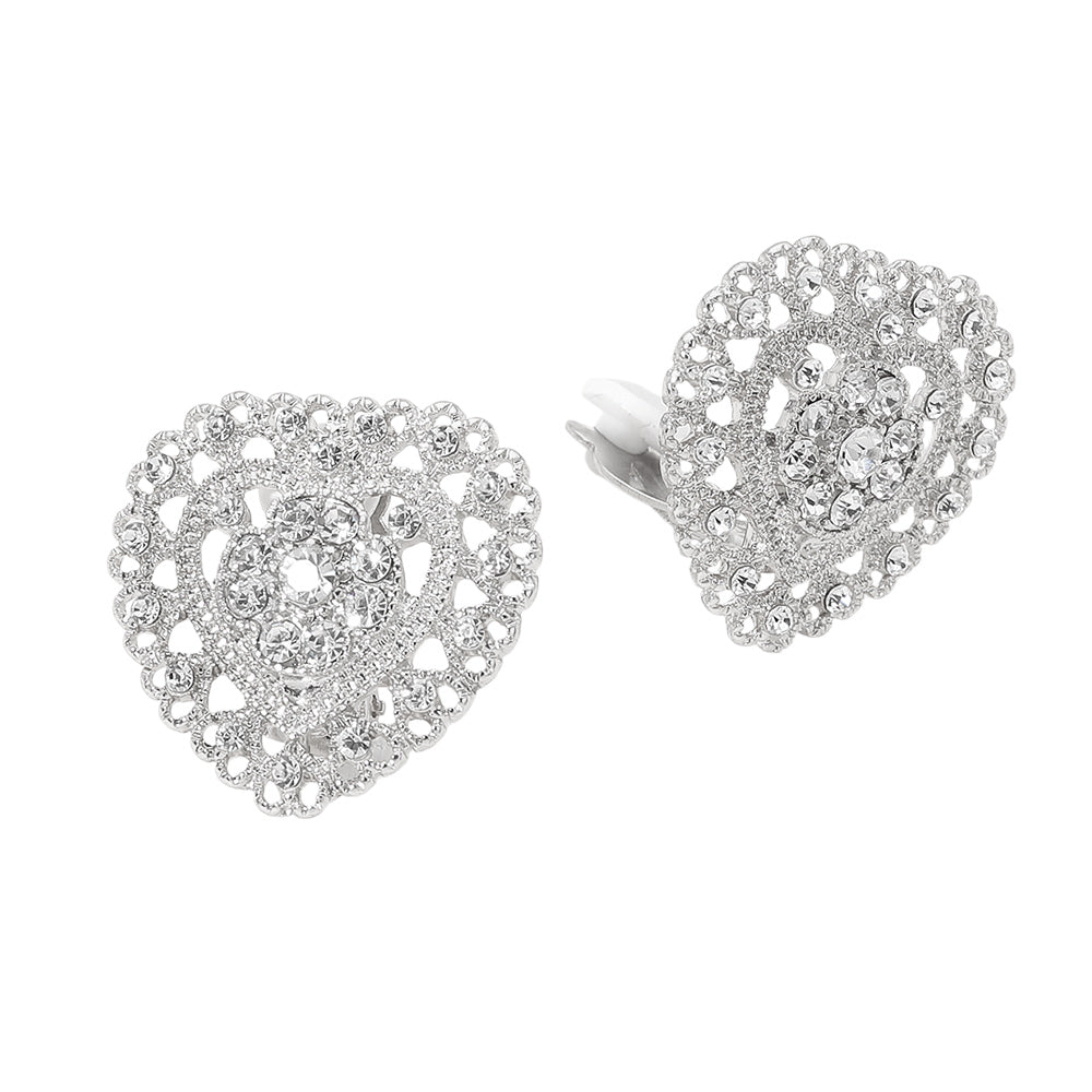Madeline Love Clear, Rhodium Rhinestone Embellished Heart Clip On Earrings - desc