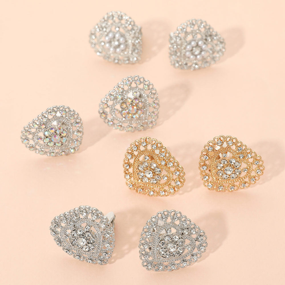 Madeline Love Clear, Rhodium Rhinestone Embellished Heart Clip On Earrings - extra