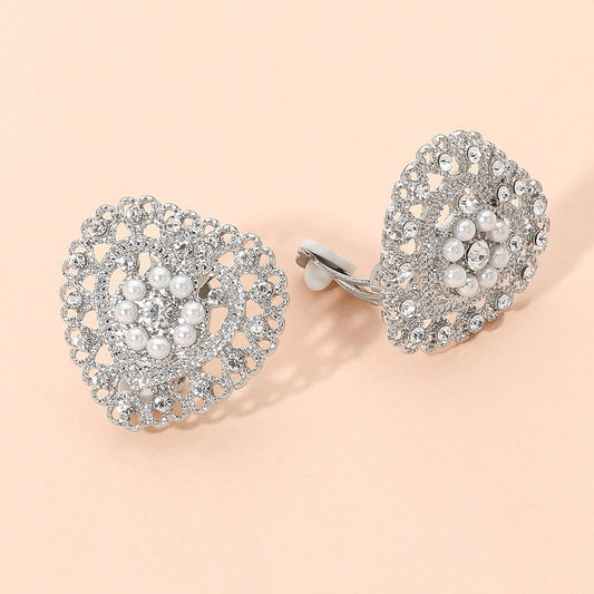 Madeline Love Rhodium, White Rhinestone Pearl Embellished Heart Clip On Earrings
