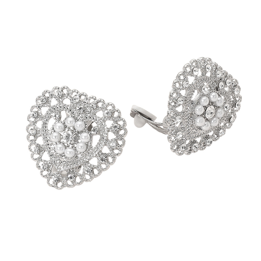 Madeline Love Rhodium, White Rhinestone Pearl Embellished Heart Clip On Earrings - desc