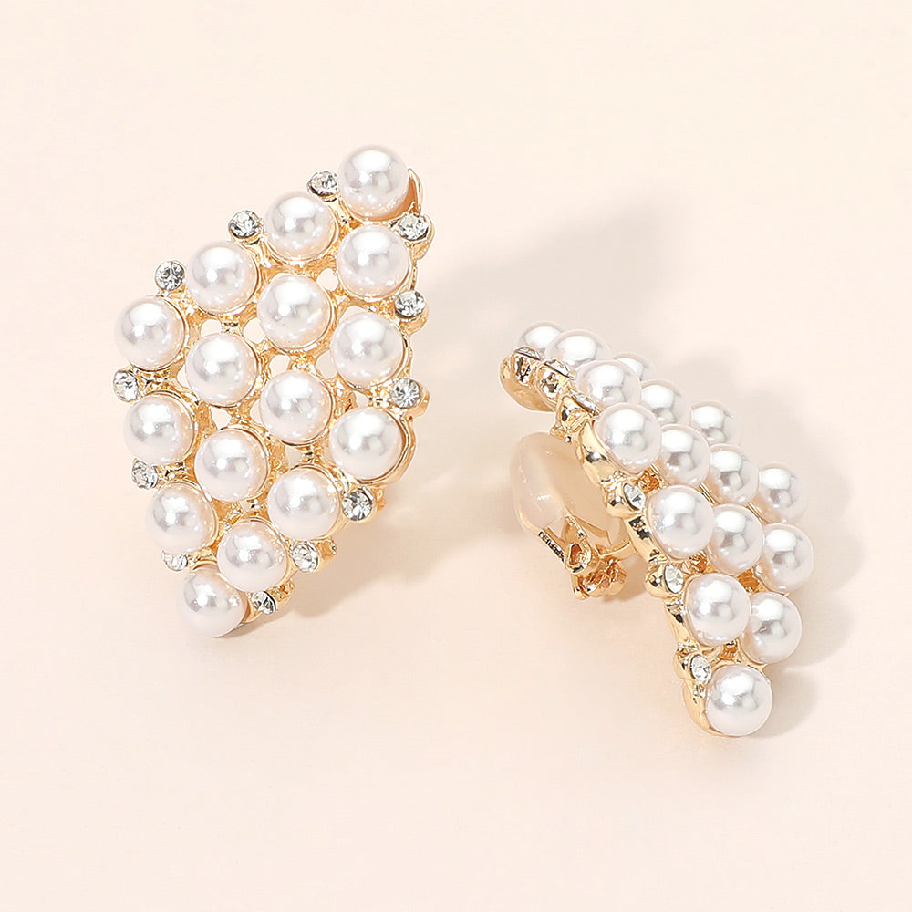 Madeline Love Gold Vintage Rhombus Pearl Cluster Clip On Earrings