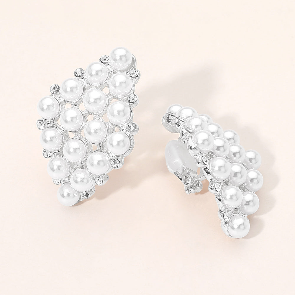 Madeline Love Rhodium Vintage Rhombus Pearl Cluster Clip On Earrings