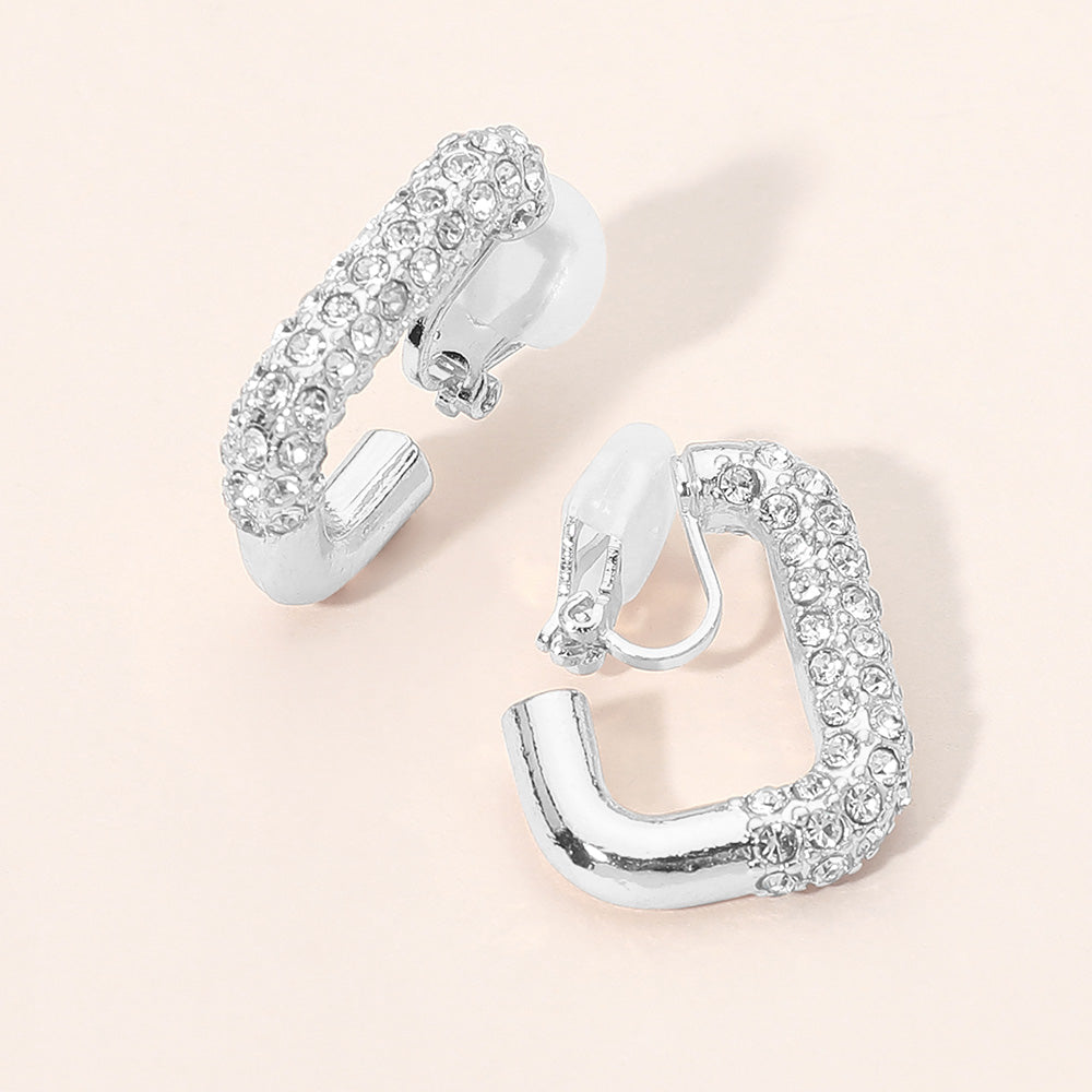 Madeline Love Rhodium Rhinestone Pave Square Hoop Clip On Earrings
