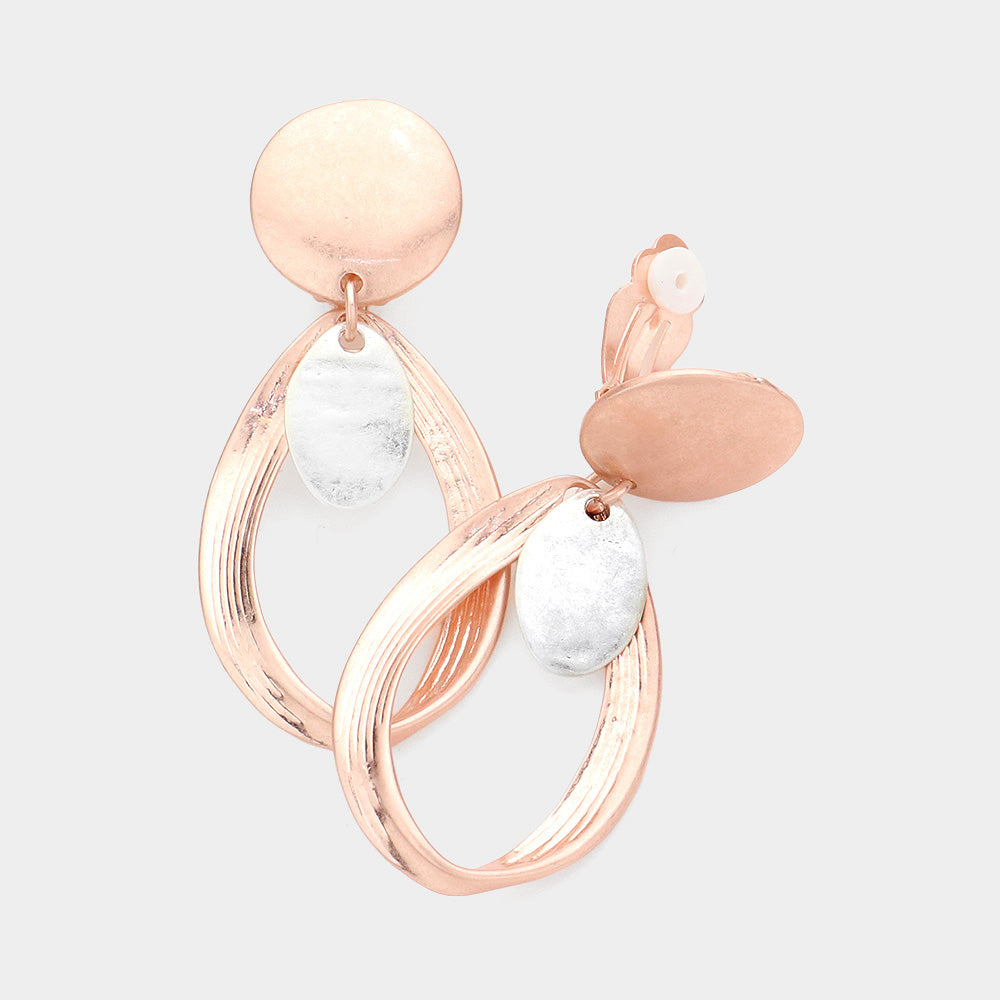 Matte Rose Gold Matte Metal Open Oval Dangle Clip On Earrings